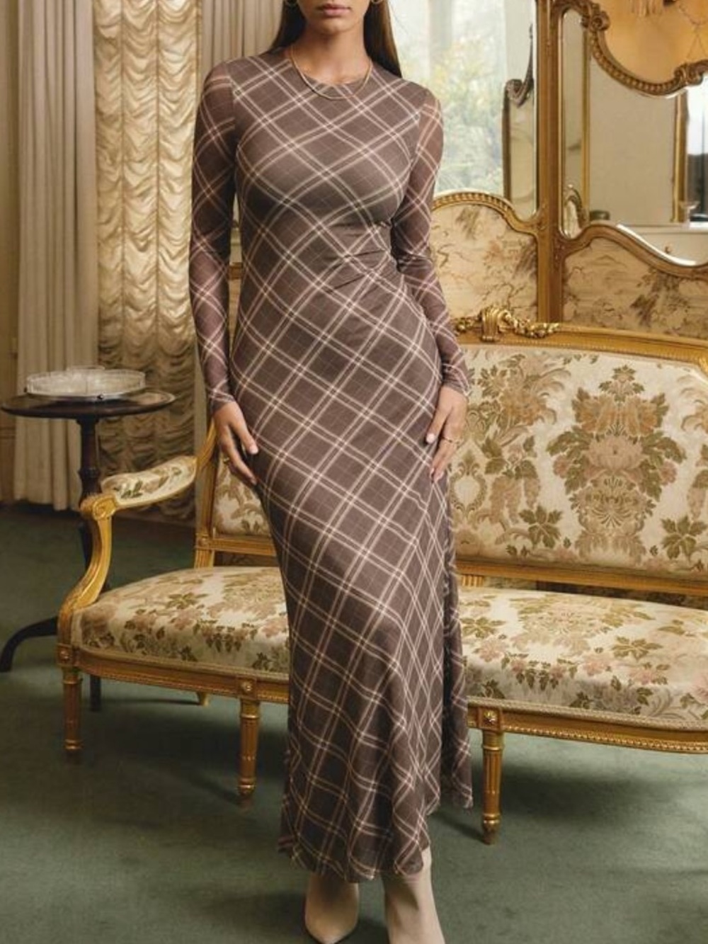 Women’s Coffee Brown Plaid Long Sleeve Maxi Dress